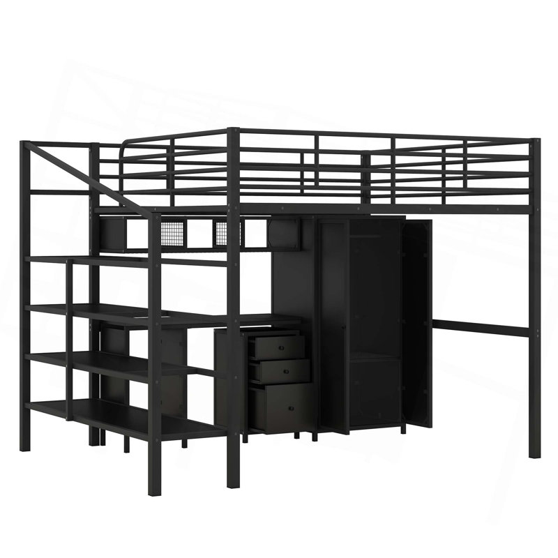 Lit mezzanine en métal avec ensemble de table et garde-robe