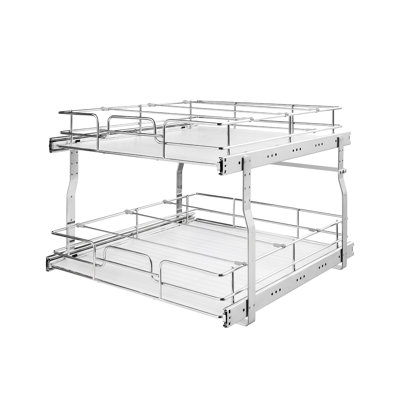 Organisateur de placard coulissant à 2 niveaux, tiroirs coulissants de 51 cm (L) x 54 cm (P) pour le rangement dans la cuisine, la salle de bain ou le garde-manger, fini chromé, étagères en acier durable pour armoires basses