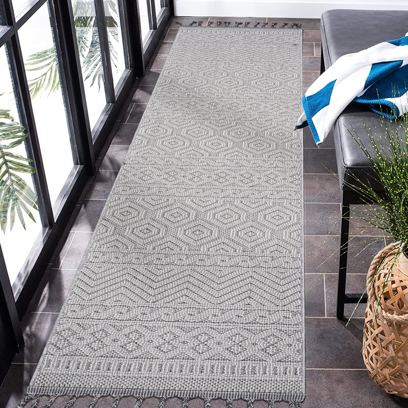 White Geometric 2X8 Loom & Area Rug, Non-Shedding Stain-, For Eat-In Kitchen Study, , Pet Approved Stain Non-Shedding, High-Traffic Areas, And