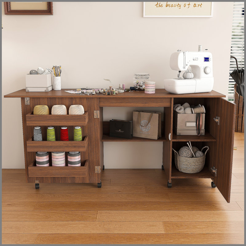 Table de machine à coudre pliable de 57,5 po avec roulettes verrouillables, station de bricolage avec tablettes, bacs et armoire, armoire de couture réglable / bureau pour la maison, la chambre à coucher et la salle d'artisanat (noyer)