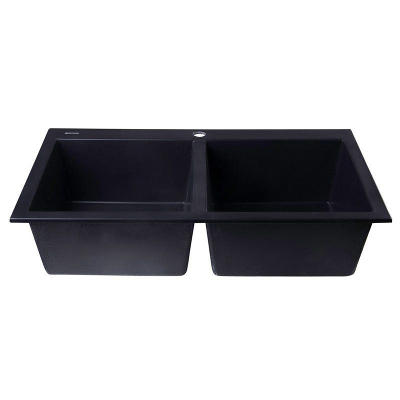 34'' L Double Bowl Granite Kitchen Sink, Black