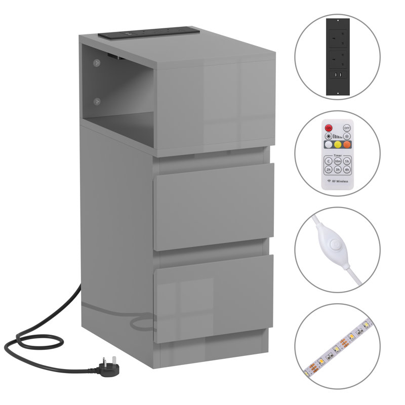 35cm W Solid Wood Bedside Table, High gloss grey 2 drawers
