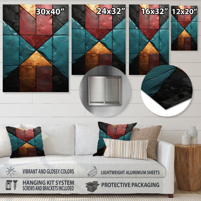 Carreaux de chevron bleu et rouge Elegance II - art mural abstrait en métal, H 40 po x l 30 po x P 1,5 po