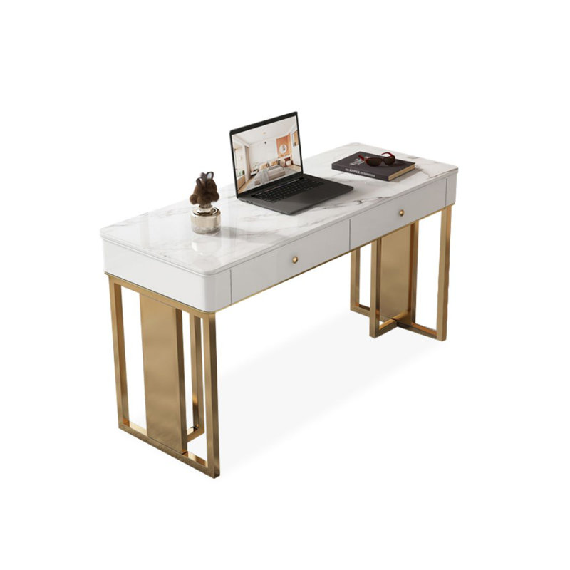Bureau moderne moderne en tôle de roche avec tiroirs, Blanc ; doré