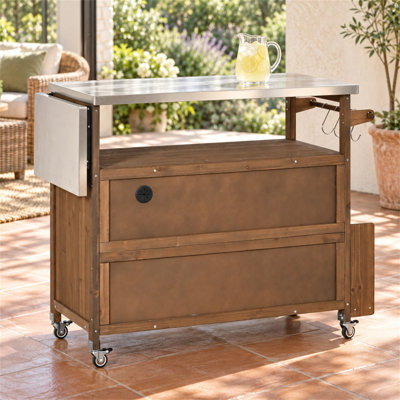 Chariot de cuisine d'extérieur en sapin massif de 138 cm (54,33 pouces) avec plateau et rangement en acier inoxydable, couleur naturelle