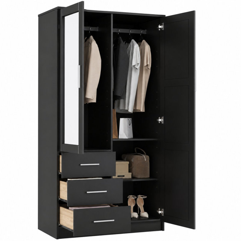 Placard à 2 portes 100% bois massif Metro avec porte miroir, tiroirs et tablettes réglables, Noir