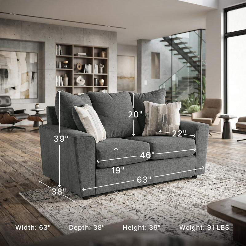 Canapé à accoudoirs évasés de 86 po Celada, H 39 po x l 63 po x P 38 po, Gris