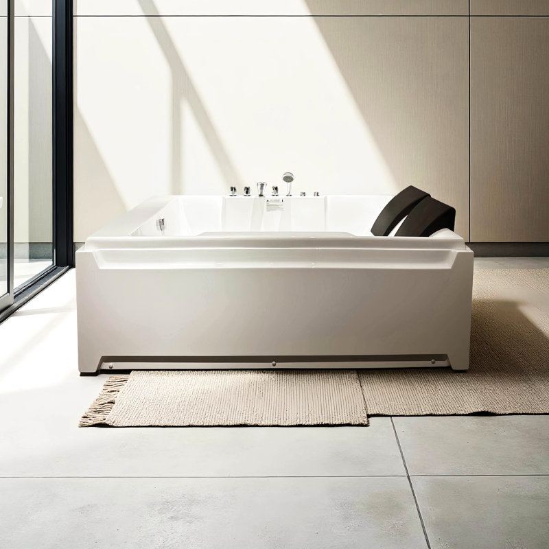 Baignoire à jets de 73 po x 48 po pour 2 personnes, hydromassage, certification UL, drain à gauche, acrylique, 8 jets d'eau, imperméable, douche à main escamotable, blanc brillant, baignoire rectangulaire avec