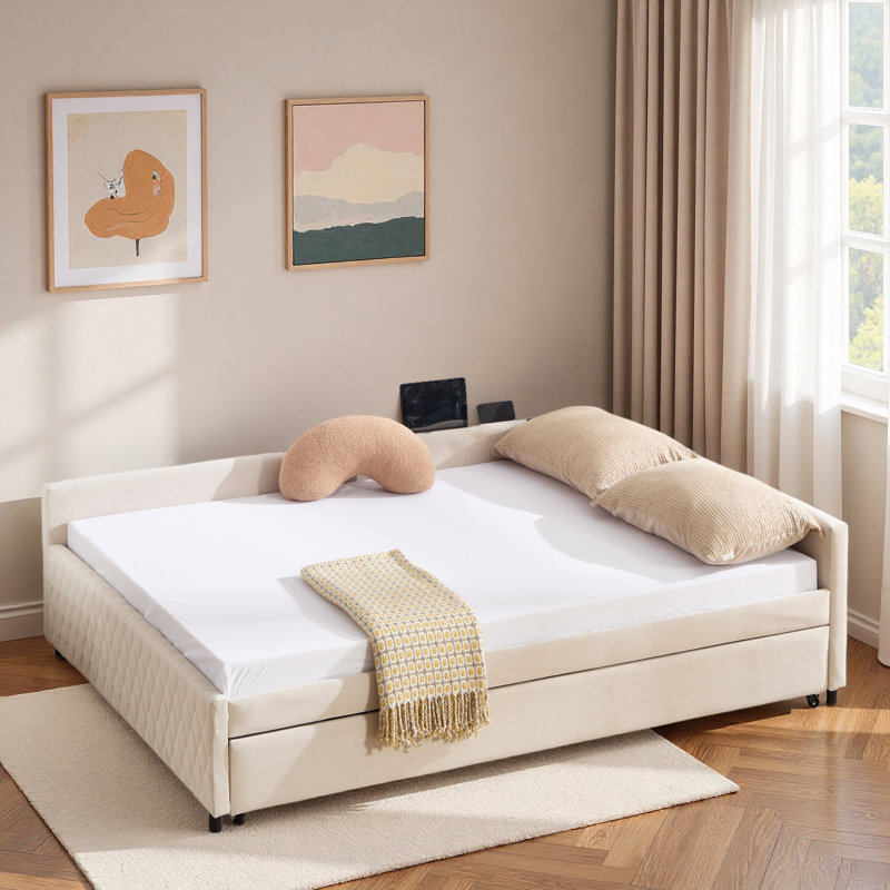 Upholstered Daybed With Trundle And Usb, Beige