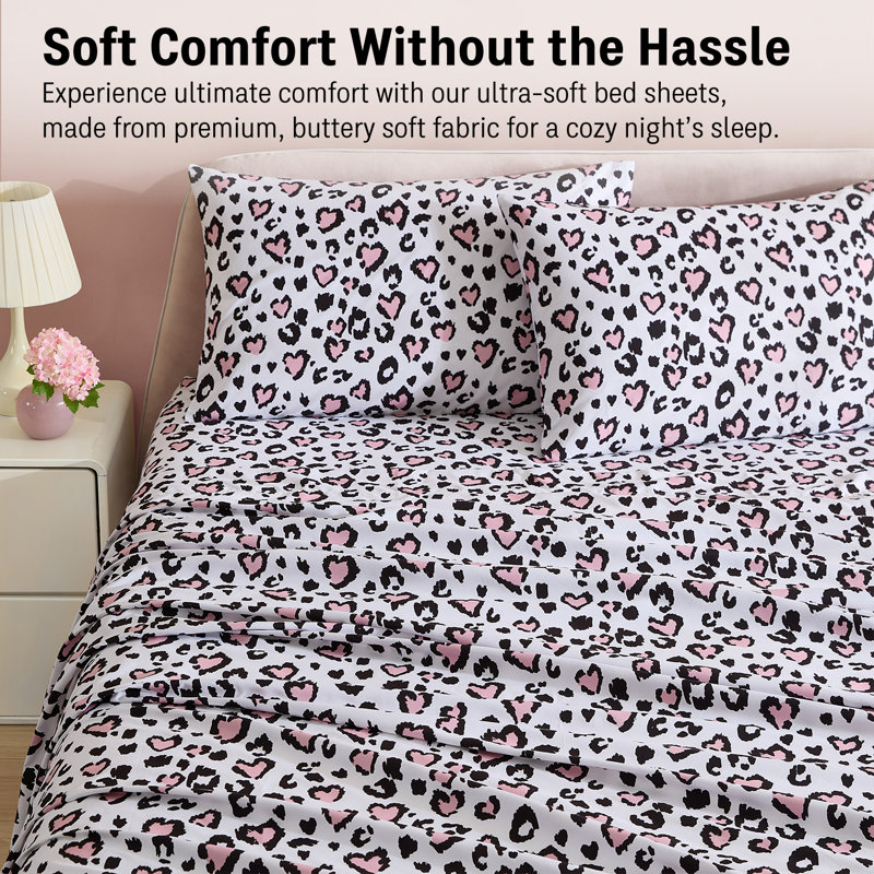 HLC.ME Cheetah Heart Printed Kids Bed Sheets - 4 Piece Patterned Bed Sheet Set - Wrinkle Resistant & Soft - Fits Mattresses Up To 15 Inches Deep - Full