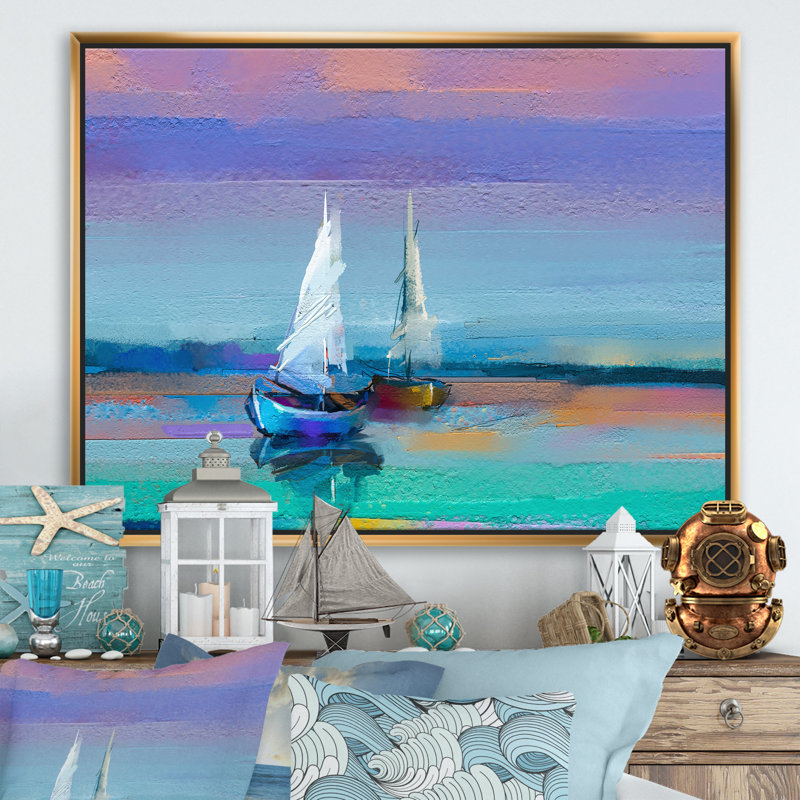 Impressionniste paysage marin avec petits bateaux II - reproduction d'art sur toile, H 12 po x l 20 po x P 1 po