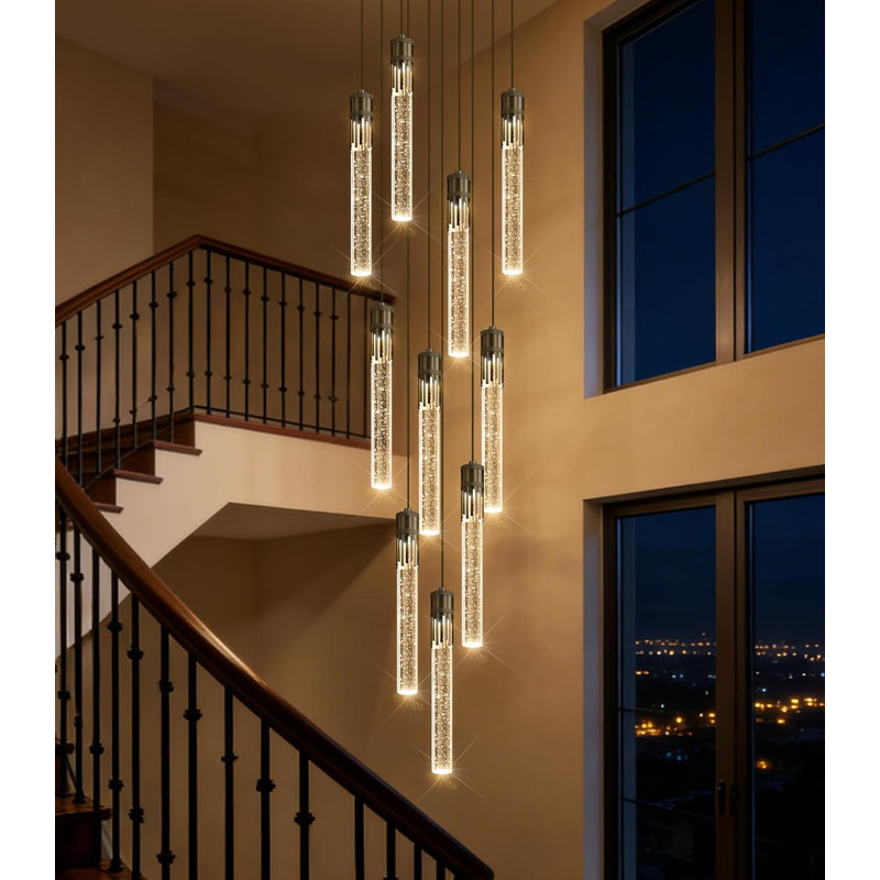 Modern High Ceiling Chandelier Crystal Dimmable Light, Matte Black