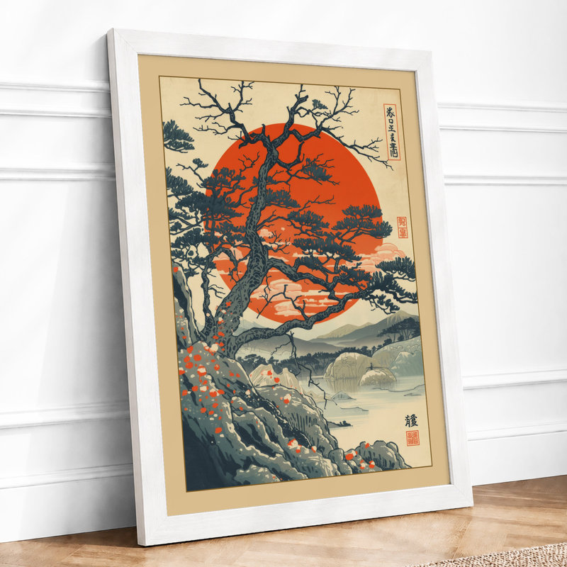 Ancient Tree at Sunrise Japandi - Framed Print, A3 - 42.0 x 29.7 cm, White