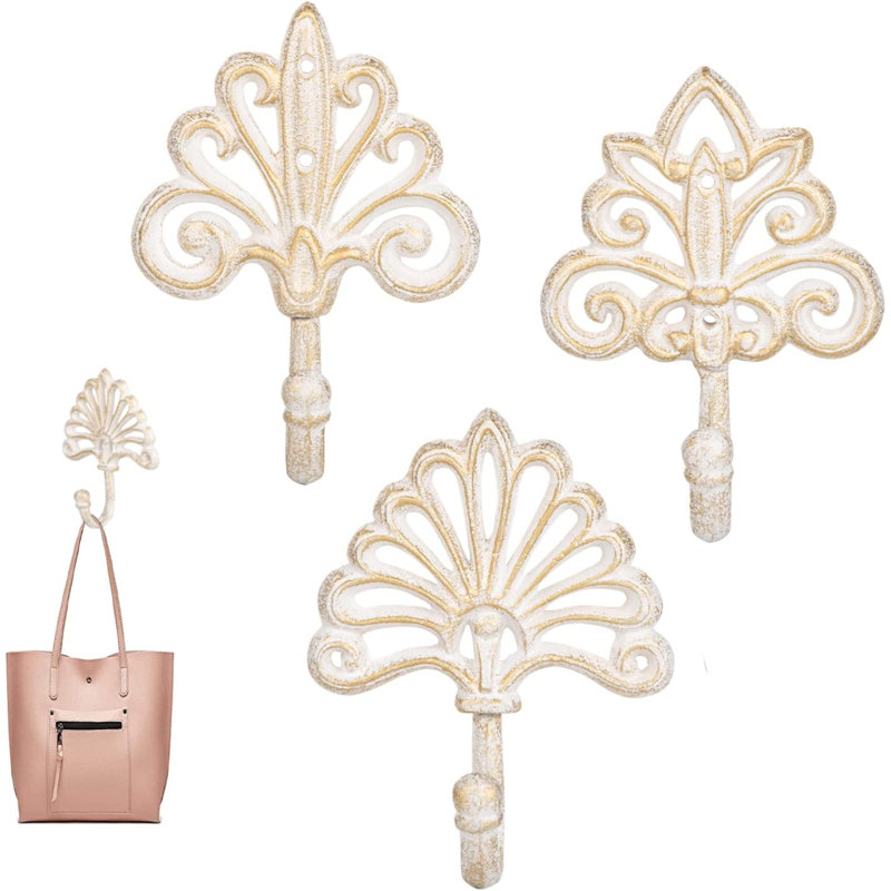Ensemble de 3 crochets muraux décoratifs en fonte – Design orné vintage avec finition blanche vieillie – Supports muraux rustiques et robustes