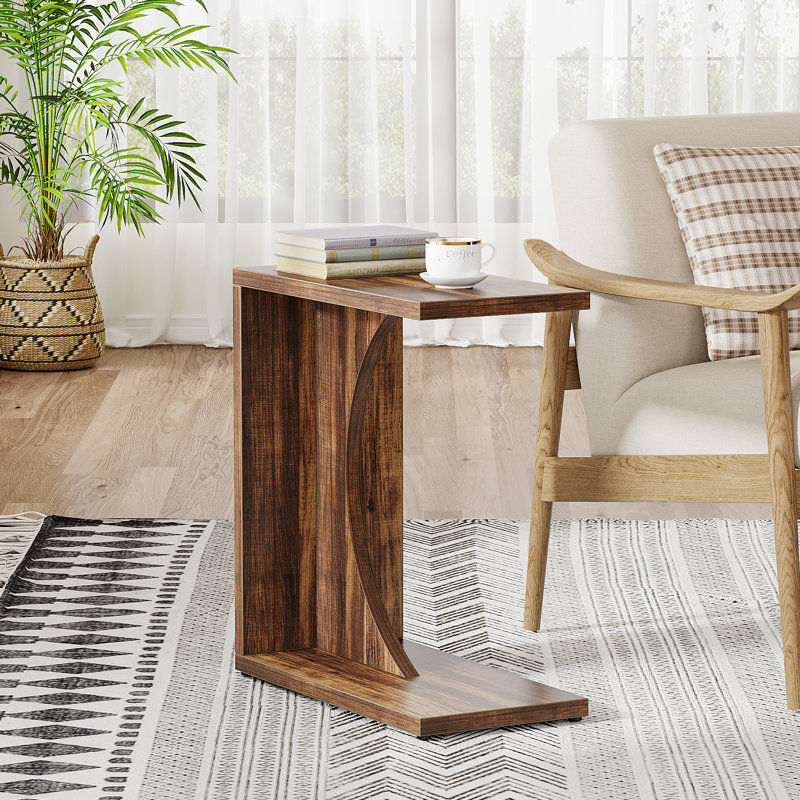 C Shaped End Tables for Couch, Sofa Side Table, Rustic Brown