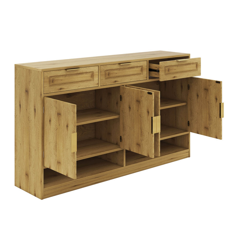 Buffet 59,1 "avec 3 tiroirs et 4 portes, armoire de rangement avec tablette réglable et compartiments ouverts, table buffet