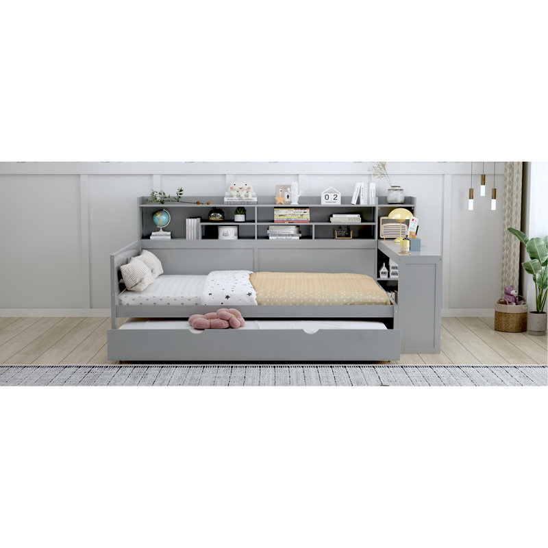 Lit de jour double en bois avec tablettes de rangement, lit multifonctionnel avec lit gigogne simple et bureau d'étude, gris
