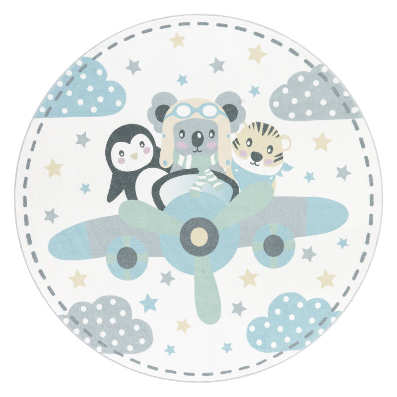 Bianchi Kids Airplane Animals Tiger Koala Bear Penguin Power Loom Cream/Blue/Black Rug, Round 120cm