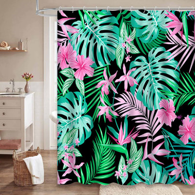 Waterproof Vivid Orchid Tropical Monstera Shower Curtain with 12 Hooks