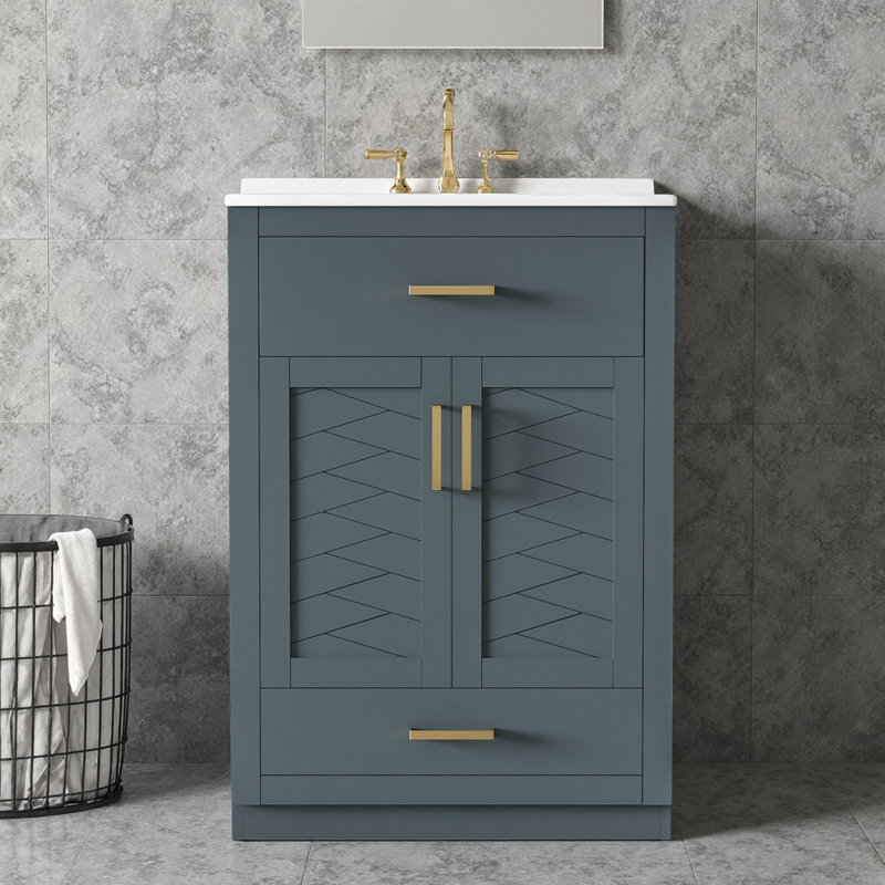 Modern Blue Bathroom Vanity with Ceramic Sink, 2 Doors & Tip-Out Drawer, Blue