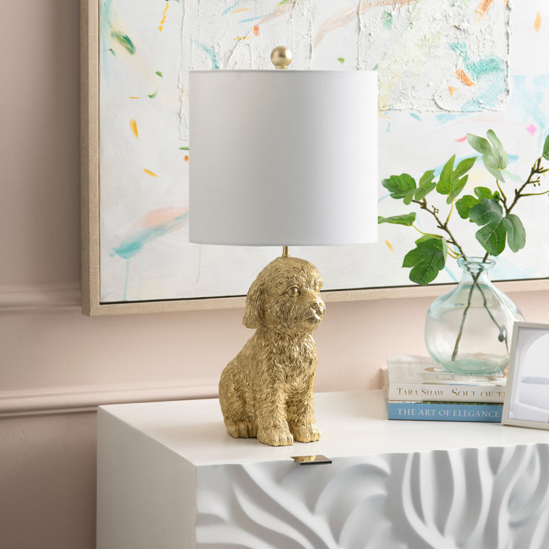 Resin Doodle Dog Table Lamp With Linen Shade, Gold