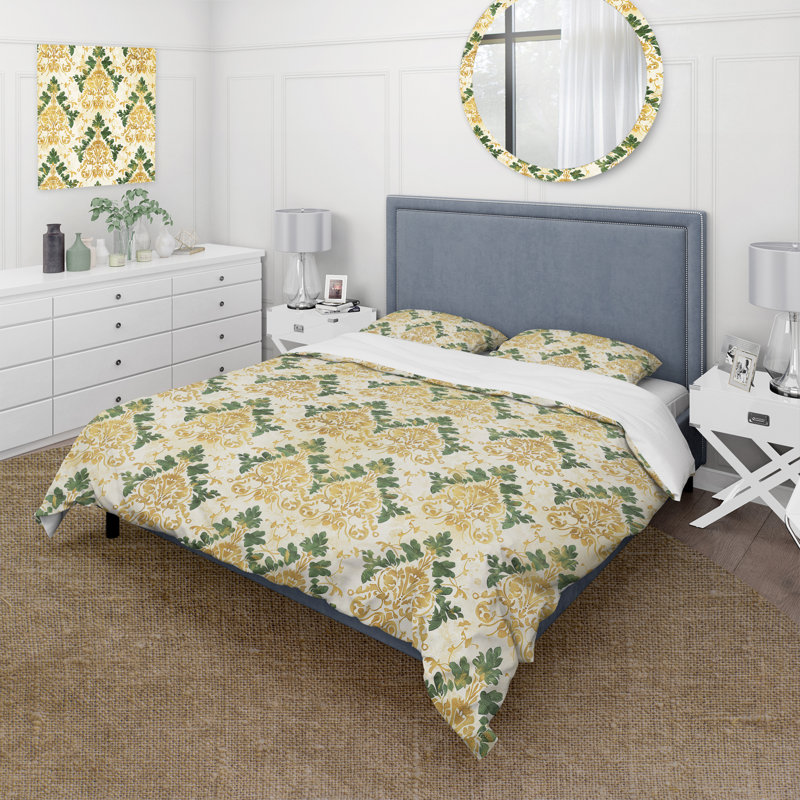 Ensemble de housse de couette en damas doré et vert Glamour I, Housse de couette simple + 2 taies décoratives st