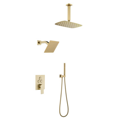 12 Inch Rain Shower System, Brushed Gold Shower Faucet Set with Push Button Diverter, 6 Inch Wall Mounted 3-Functions Bathroom Shower Systems with Dual-Function Handheld