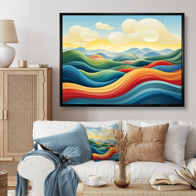 «Blue and Yellow Vibrant Landscape Horizons», art mural abstrait, Cadre flottant noir, H 16 po x l 32 po x P 1 po