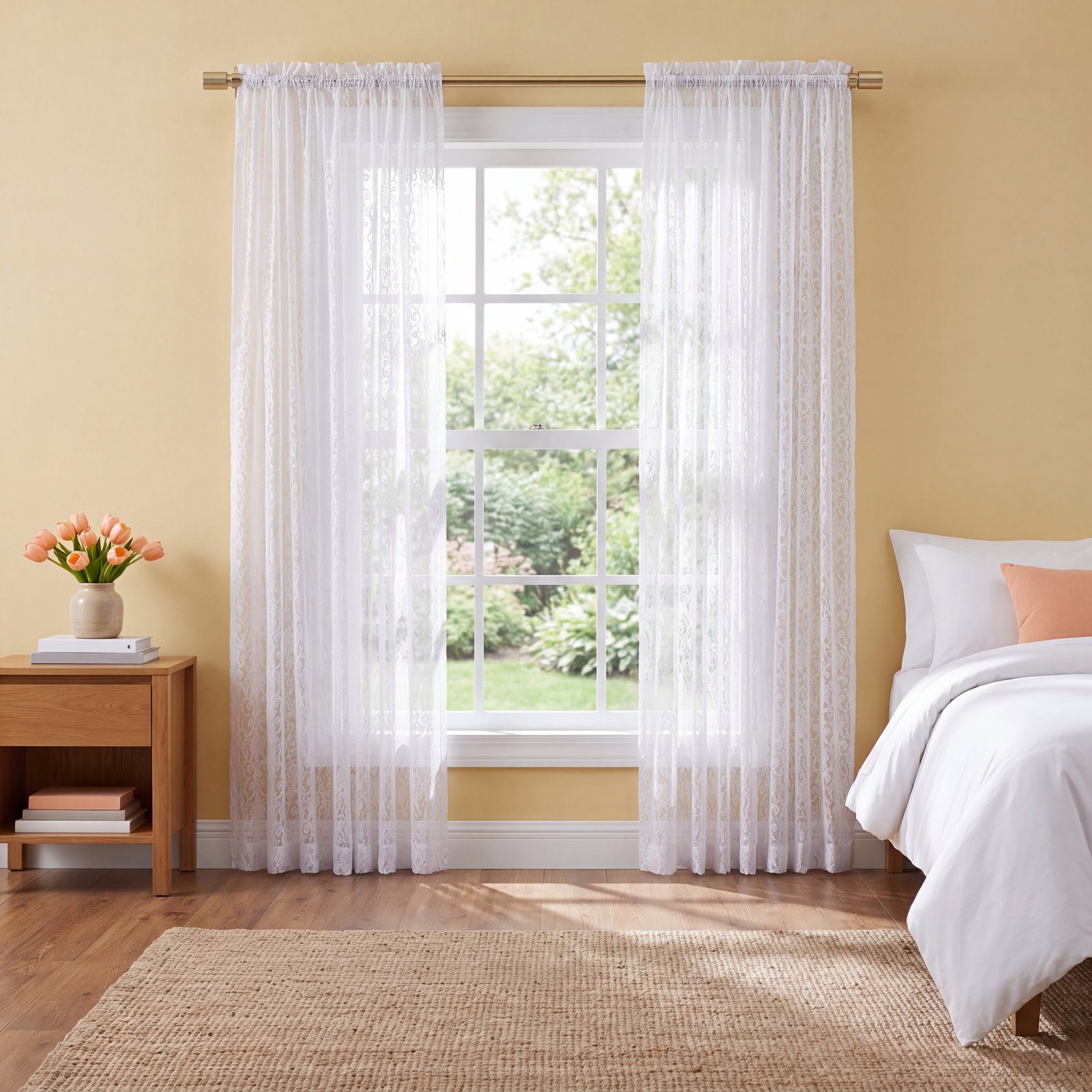 Elainah Premium Lace Semi-Sheer Curtain Panel, White, 54" W x 63" L