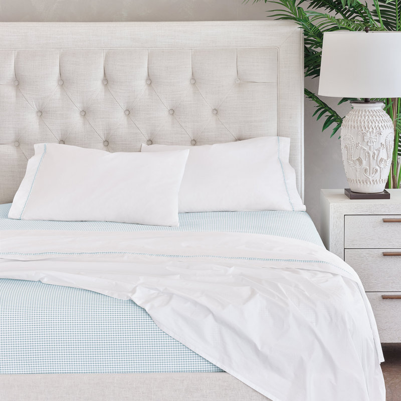 Malaya Egyptian Cotton Percale Gingham Sheet Set, Sky, Queen