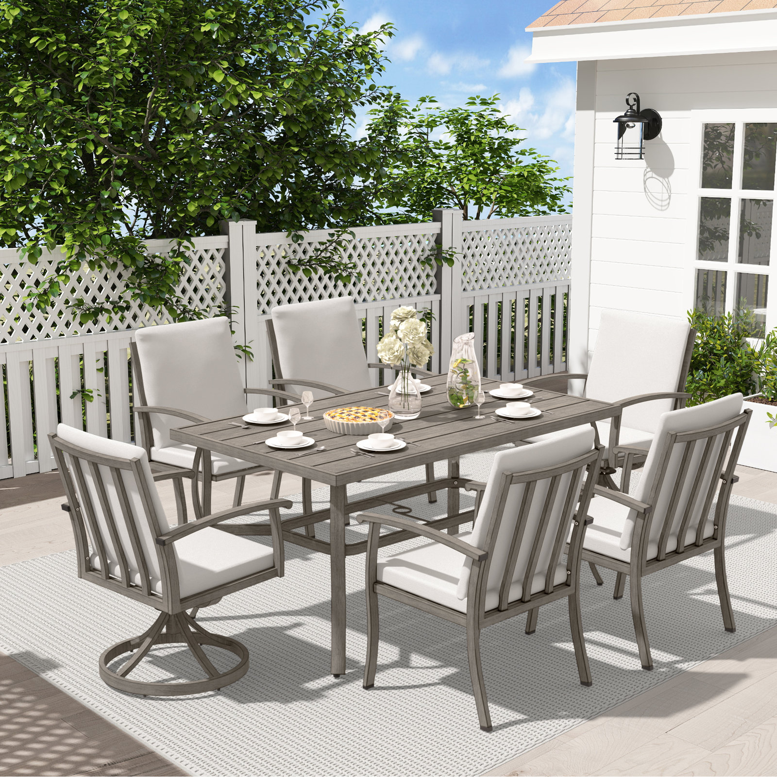 Colby Aluminum Patio Dining Set With 2 Swivel Dining Chairs, Dining Chairs And Washable Cushions, 6, Gray