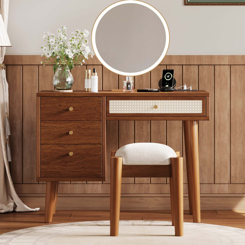Walnut 39" Retro Bohemian Wooden Makeup Vanity Set With Stool, Charging Plug & USB Port, Dressing Table With 3 Storage Drawers & 1 Rectangular Rattan Drawer (Not Including Mirror)