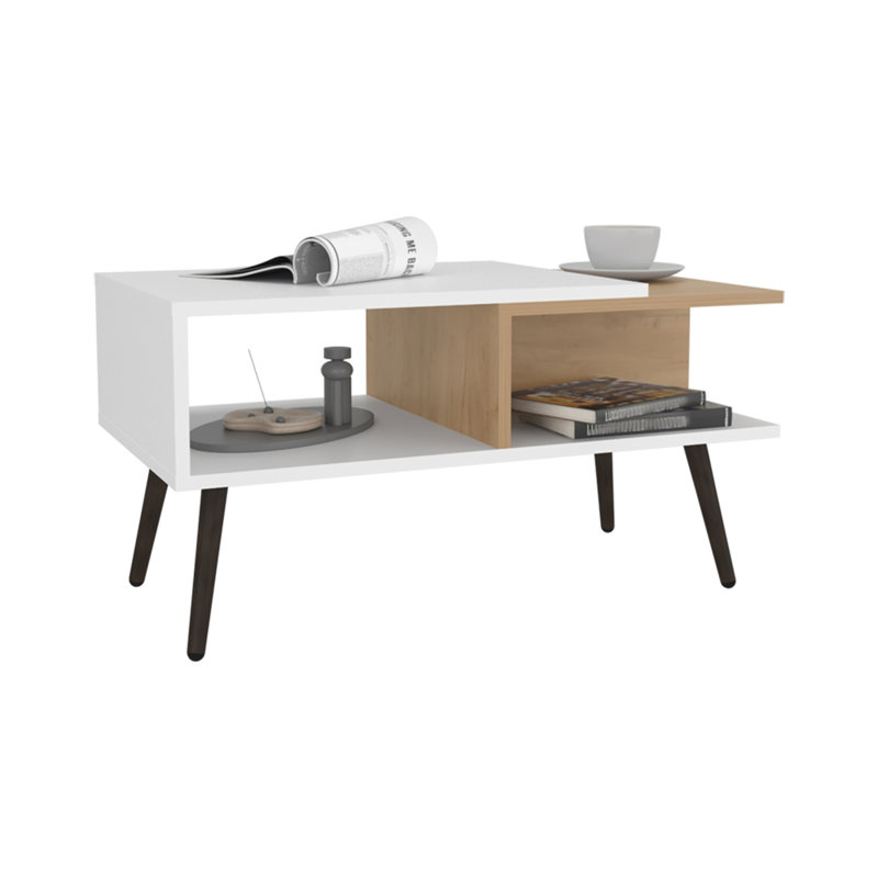White And Natural Oak Coffee Table With Open Storage And Conical Legs, 15.6" H x 29.5" L x 16.5" W