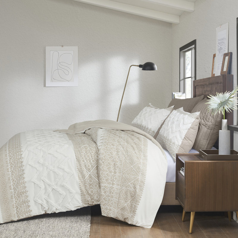Housse de couette en coton double / grand, chenille, touche romantique, imprimé, réversible taupe, fermeture à boutons, décor lavable à la machine, chic