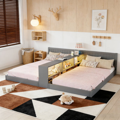 Double Twin Size Bed Frame with Storage,Twin Floor Bed with Light & Charging Station