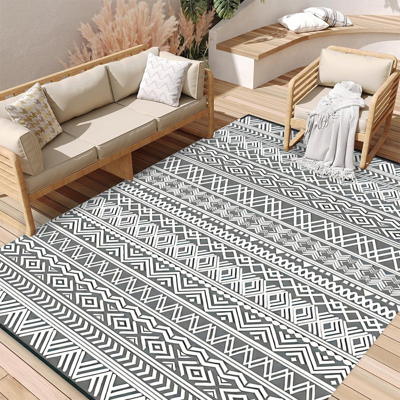 Tapis de camping, tapis de plage, tapis d'extérieur en paille de plastique noir et blanc Boho, Rectangle 5 po x 8 po