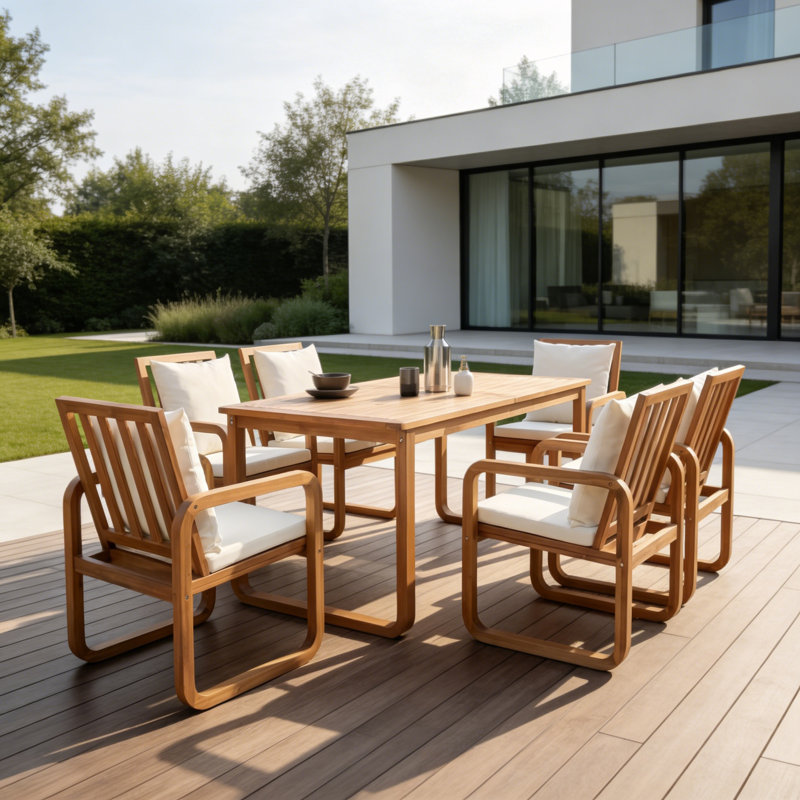 Ensemble repas 7 pièces pour patio avec coussins amovibles, Beige