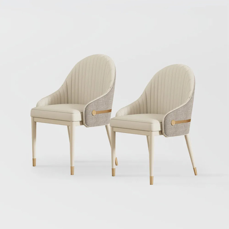 Modern Luxury Upholstered Dining Chairs Set Of 2，Leather Armchairs, Beige & Golden