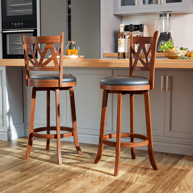 Swivel Upholstered Stool with Solid Wood Frame, Brown, Bar Stool (29" Seat Height)
