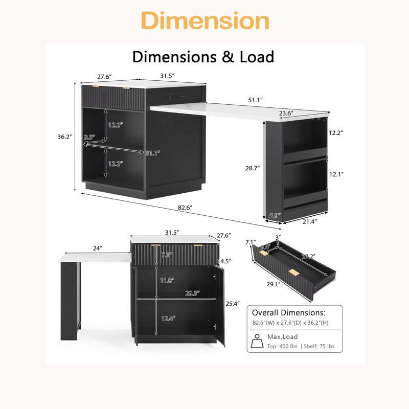 Îlot de cuisine cannelé 82,6 po avec table de salle à manger extensible pour 4 à 6 personnes, table d'îlot de cuisine avec prise de courant, table de cuisine avec rangement double-face