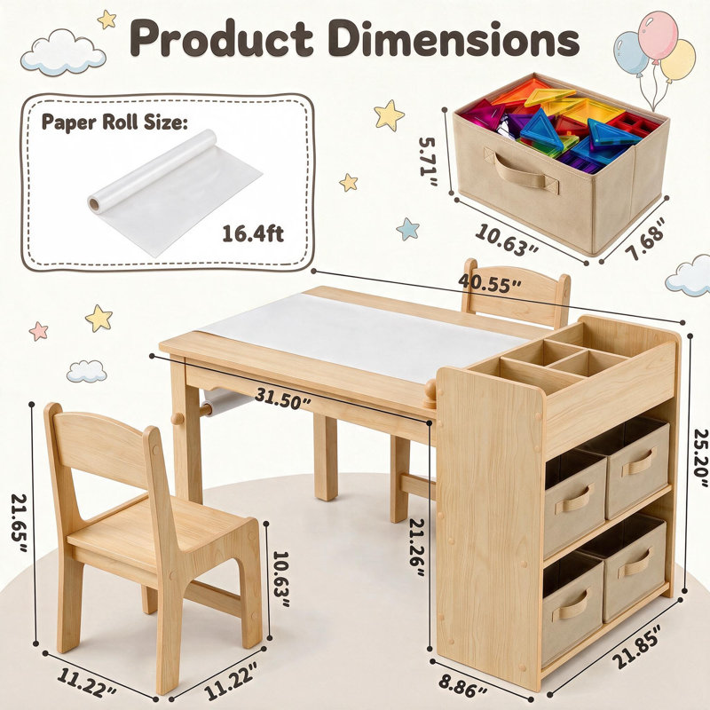 3-Piece Kids Art Table and Chair Set with Storage & Paper Roll Holder, 2 Ergonomic Chairs, for Drawing, Crafts & Play(beige)