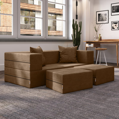 Shontae Zipline Boneless Convertible Compression Sleeper Loveseat, Ottomans & Pillows, Textured Microvelvet
