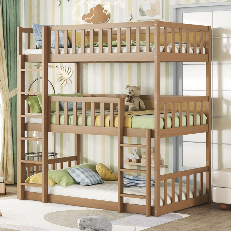 Twin Triple Rubber Wood Bunk Bed, with Ladders, Guardrails Detachable Bunk Bed, Twin over Twin over Twin, White Oak