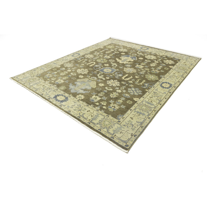 Floral Handmade Hand-Knotted Rectangle 8'2" x 9'1" Wool Area Rug in Blue/Green/Beige