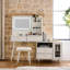 Bureau de meuble-lavabo moderne blanc avec lumières à DEL tricolores, position d'armoire réglable, compartiments de tiroir et éclairage de port intégré, armoire latérale, cloisons,