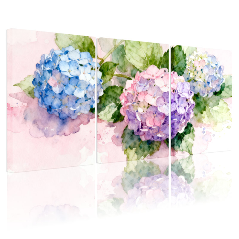 Peinture murale sur toile tendue, motif floral d'hortensias à l'aquarelle (paquet de 3), H 24 po x l 48 po