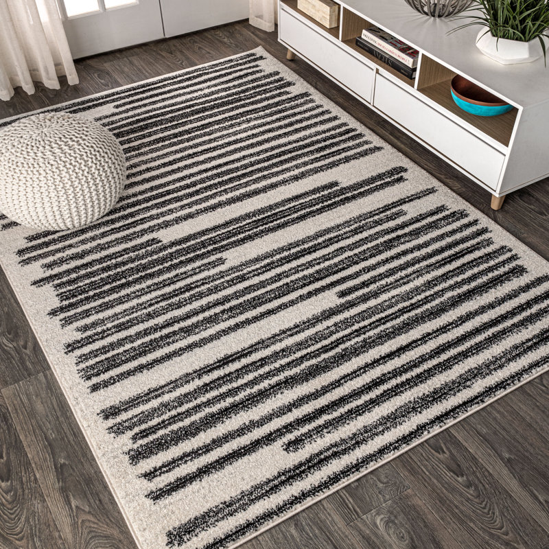 Augie Modern Berber Stripe Cream/Black Rug, Rectangle 7'9" x 10'