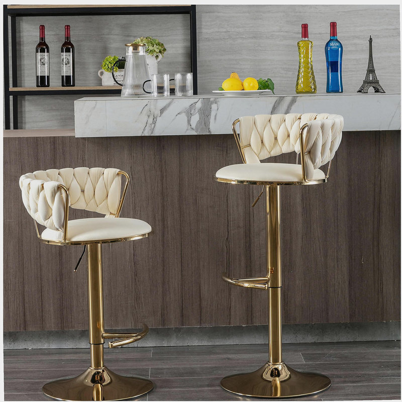 Ensemble de tabourets de bar deux pièces, avec repose-pieds chromé et hauteur réglable en peluche, Beige