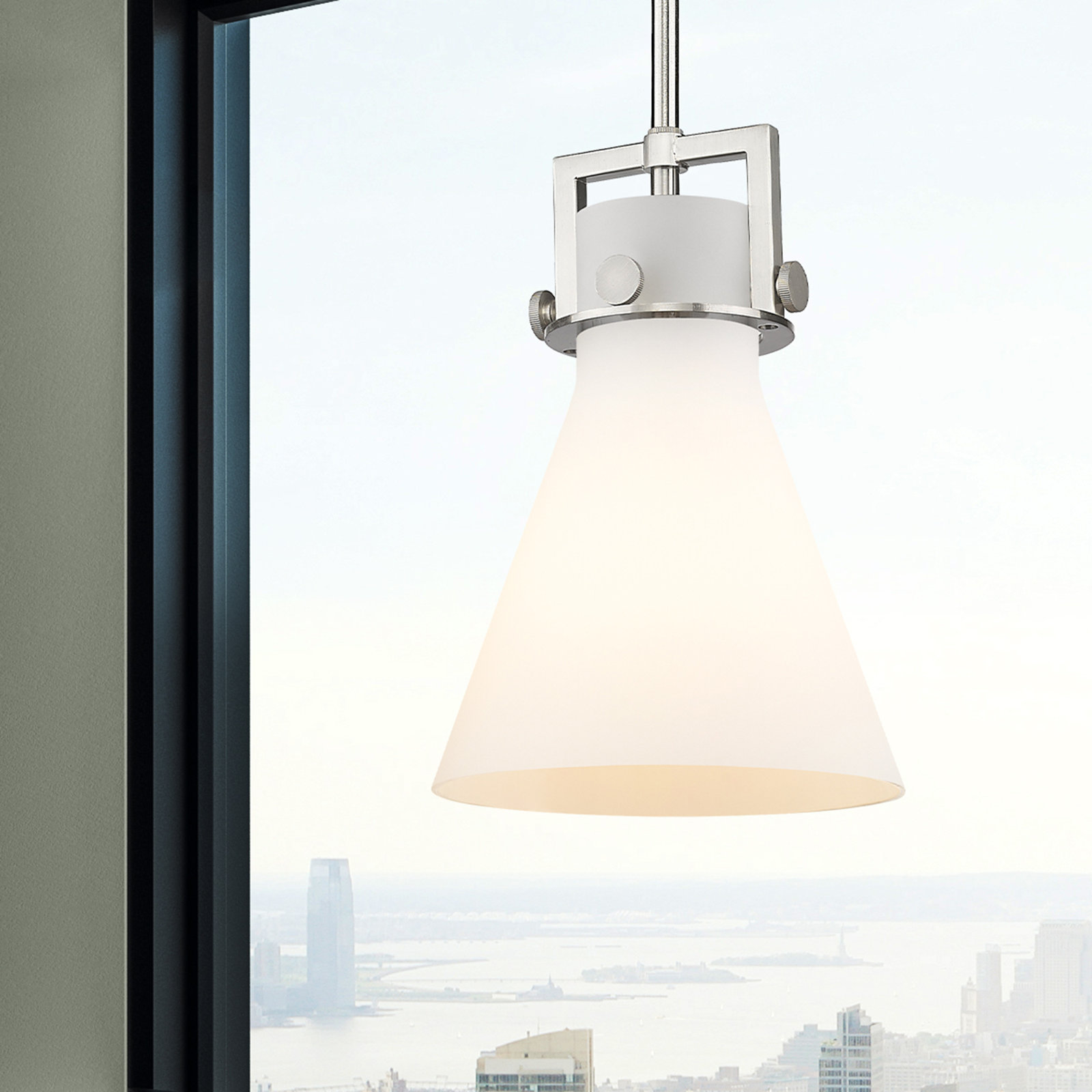 Coterie Single Light Glass Dimmable Pendant, Matte White, Satin Nickel, 11.38" H x 8" W x 8" D