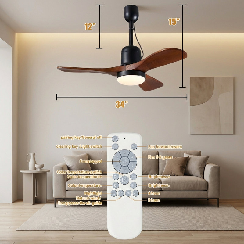 34" Solid Wood Outdoor Ceiling Fan with Remote, Damp Rated Patio Gazebo Fan with 16ft Plug-in Cord & Hardwire Option, Dimmable Light with Memory Function